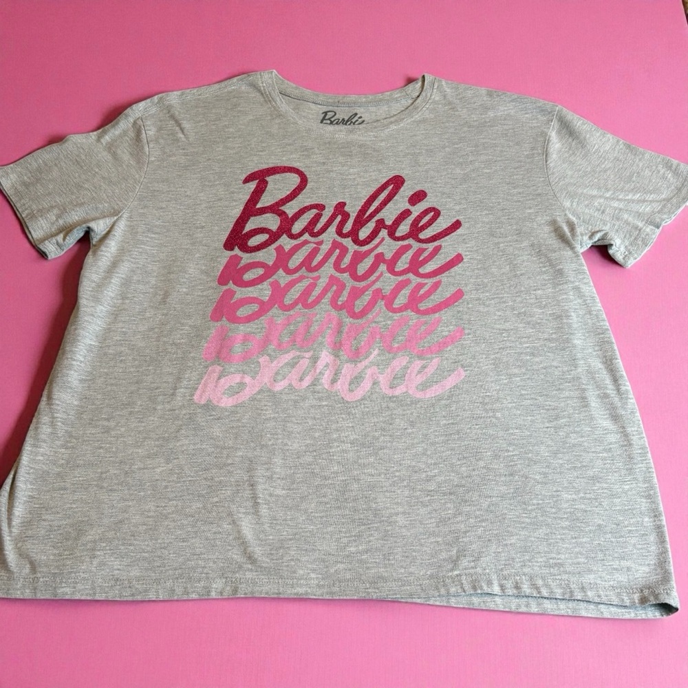 Heather Gray T-Shirt with Pink Ombre Barbie Graphic Logo Girls Short Sleeve L/XL